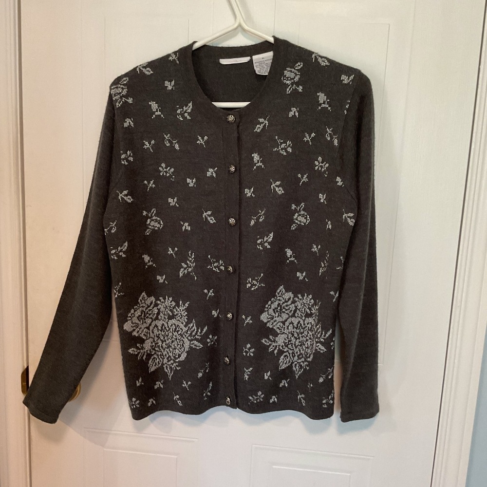 Unbranded Floral Cardigan Sweater Womens‎ PL Grey Excellent Wool Blend Jacquard